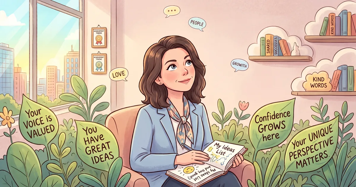 Illustrated woman sitting in a warm, inviting room holding a notebook, surrounded by plants with positive affirmations: 'Your Voice is Valued', 'You Have Great Ideas', 'Confidence Grows Here', 'Your Unique Perspective Matters'