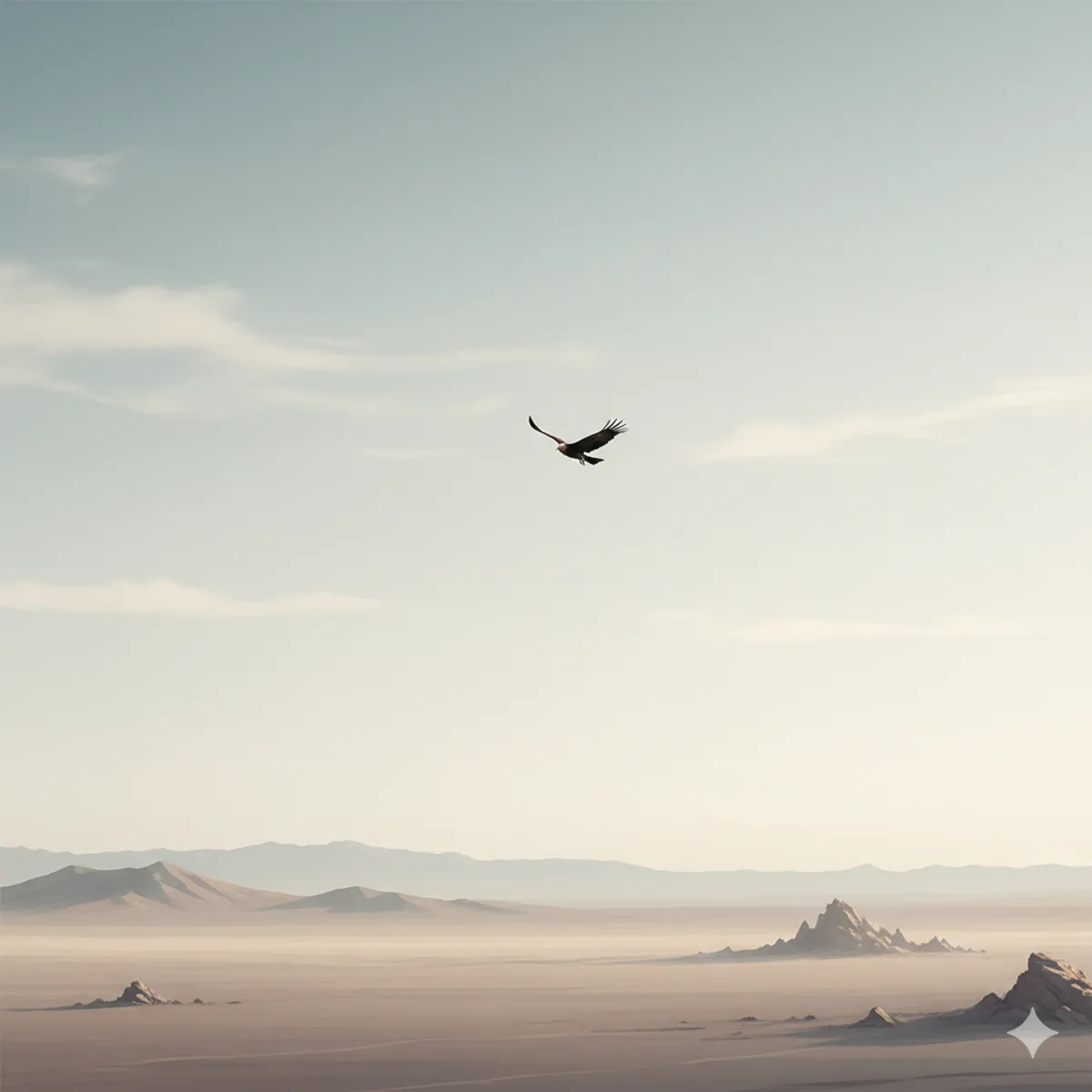 Minimalist wide landscape with a single bird representing thinking space