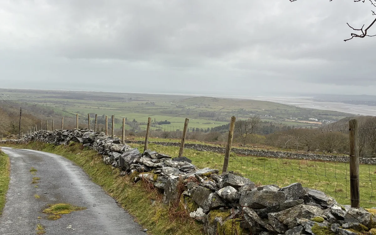A quiet country lane bordered by a stone wall leading out towards a wide coastal horizon